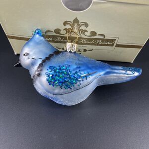 Impuls Mouth Blown Blue Jay Bird Glass Christmas Ornament Made in Poland New